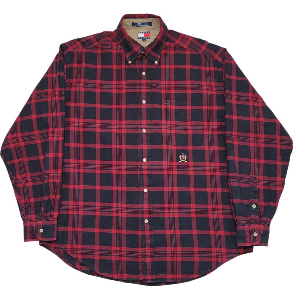 Tommy Hilfiger Plaid Shirt Embroidered Lion Crest Red Black Large Preppy Vintage